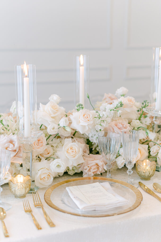 White, pink & gold wedding decor. Perfect soft and elegant combination for a center piece.